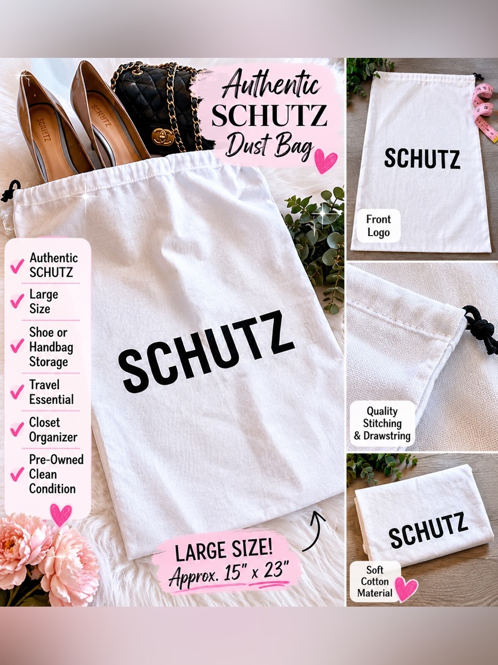 SCHUTZ Large Designer Dust Bag Shoe Bag Travel Storage White Black Logo